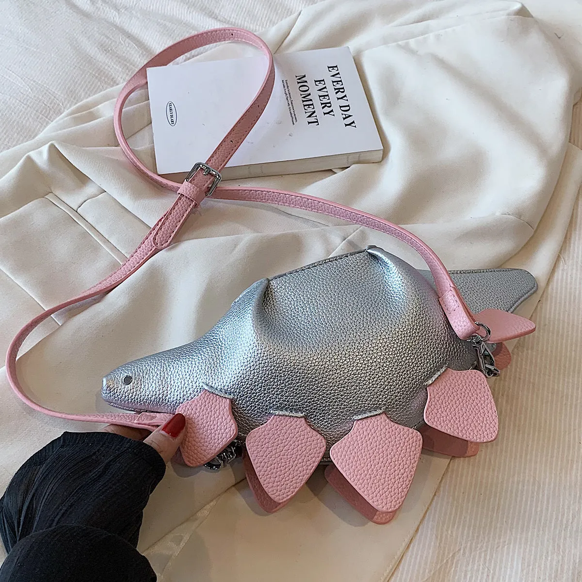 Cute Cartoon Dinosaur Shaped Crossbody Bag - Faux Leather Solid Color Zipper Closure Shoulder Purse with Polyester Lining and Edge Paint - Fun Colorblock Stuffed Animal Design