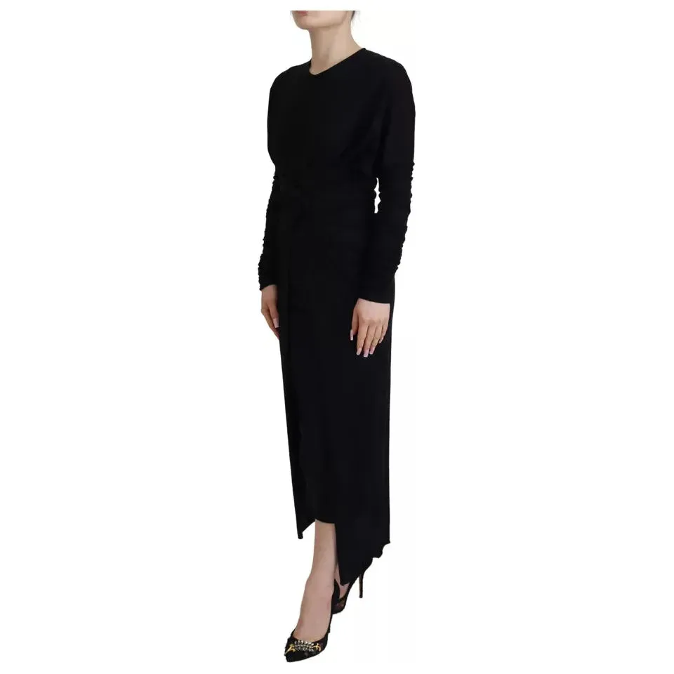 Dolce & Gabbana Black Sheath Midi Gown Wool Wrap Dress