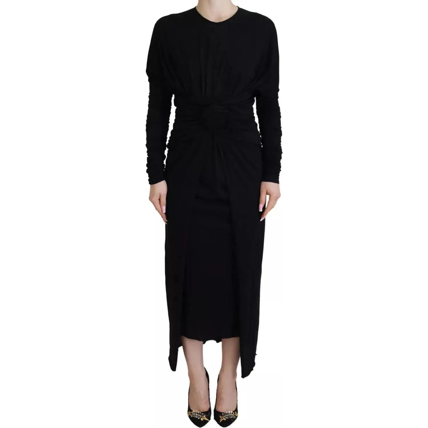 Dolce & Gabbana Black Sheath Midi Gown Wool Wrap Dress