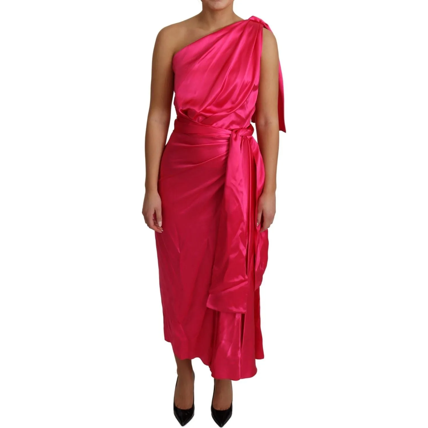 Dolce & Gabbana Elegant Fuchsia Silk One-Shoulder Wrap Dress