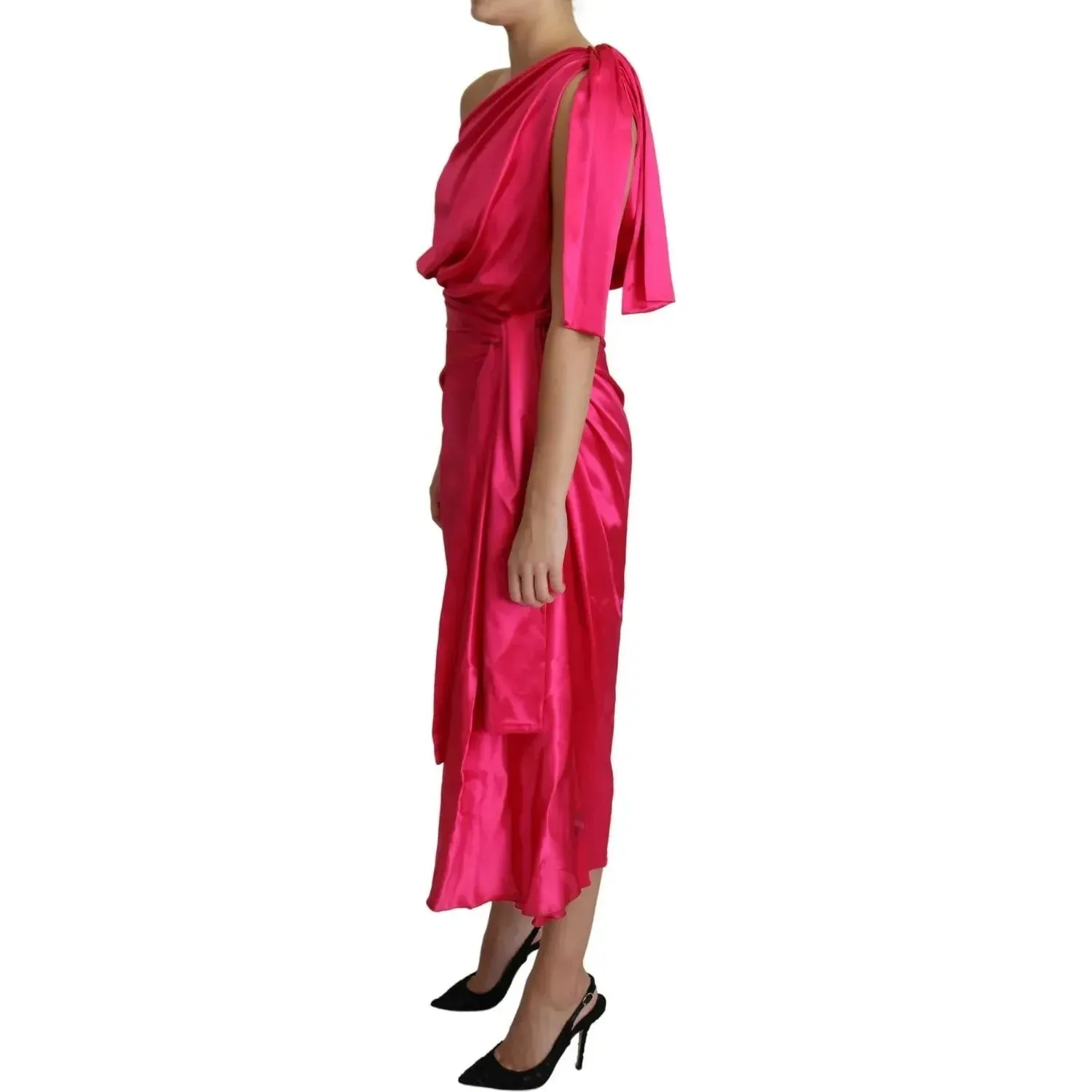 Dolce & Gabbana Fuchsia Fitted Cut One Shoulder Midi Dress