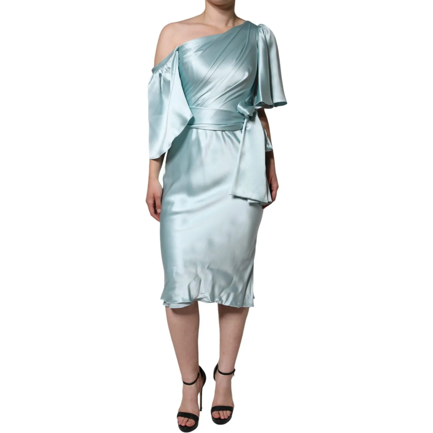 Dolce & Gabbana Mint Green Silk Fit Cut One Shoulder Dress