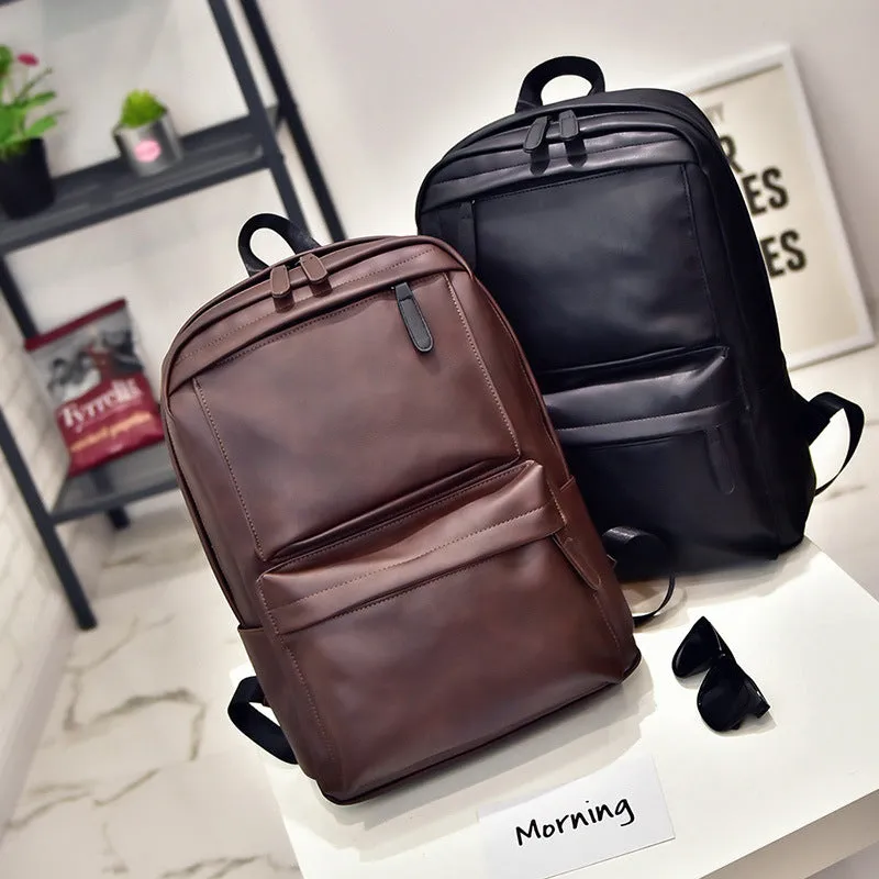 DUNNMALL Casual Men's Traveling Bag Trendy Men's Bag Backpack Student High School Student Bag PU Leather Fashion Korean Style Backpack