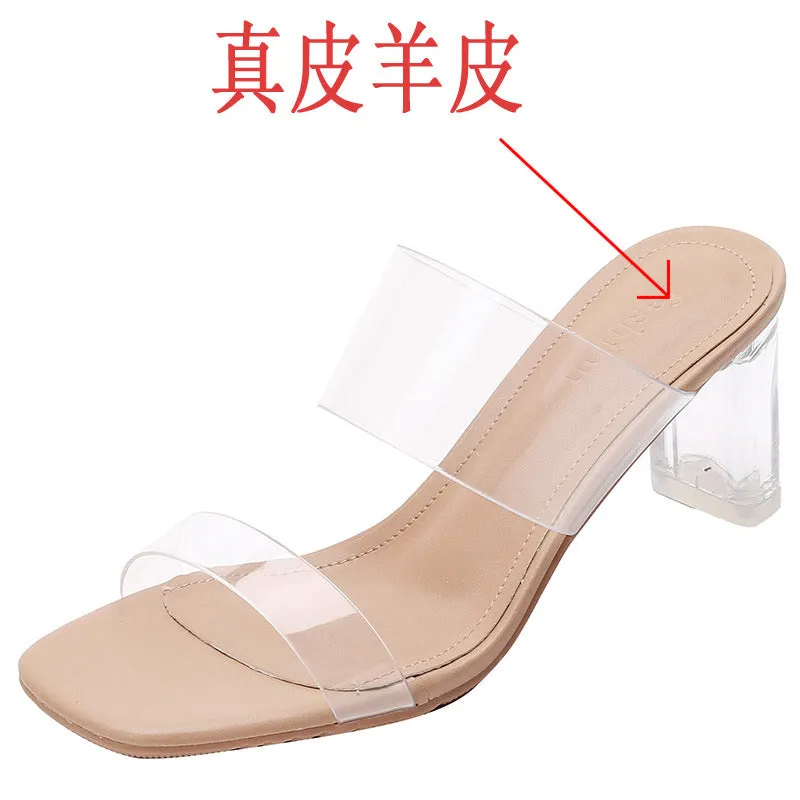 DUNNMALL  Genuine Leather  Summer New High Heel Chunky Heel Transparent Sandals Women's Fashion Outerwear Crystal Heel All-Match Mid Heel Slippers