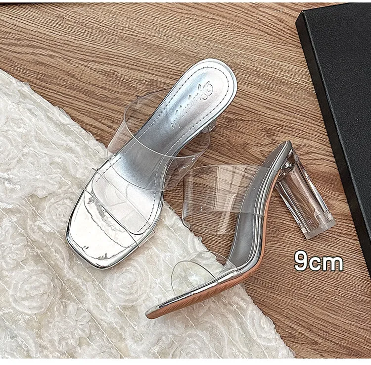 DUNNMALL  Genuine Leather  Summer New High Heel Chunky Heel Transparent Sandals Women's Fashion Outerwear Crystal Heel All-Match Mid Heel Slippers