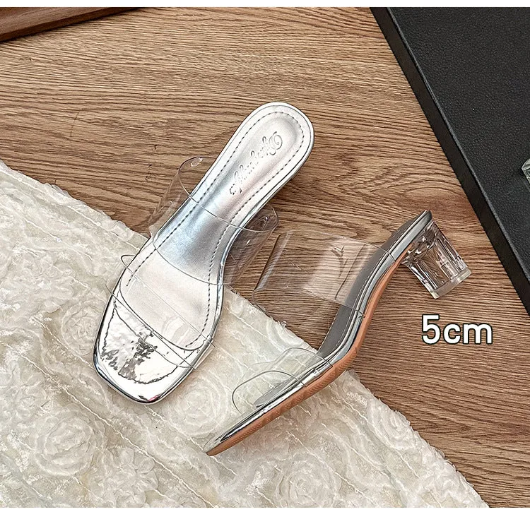 DUNNMALL  Genuine Leather  Summer New High Heel Chunky Heel Transparent Sandals Women's Fashion Outerwear Crystal Heel All-Match Mid Heel Slippers