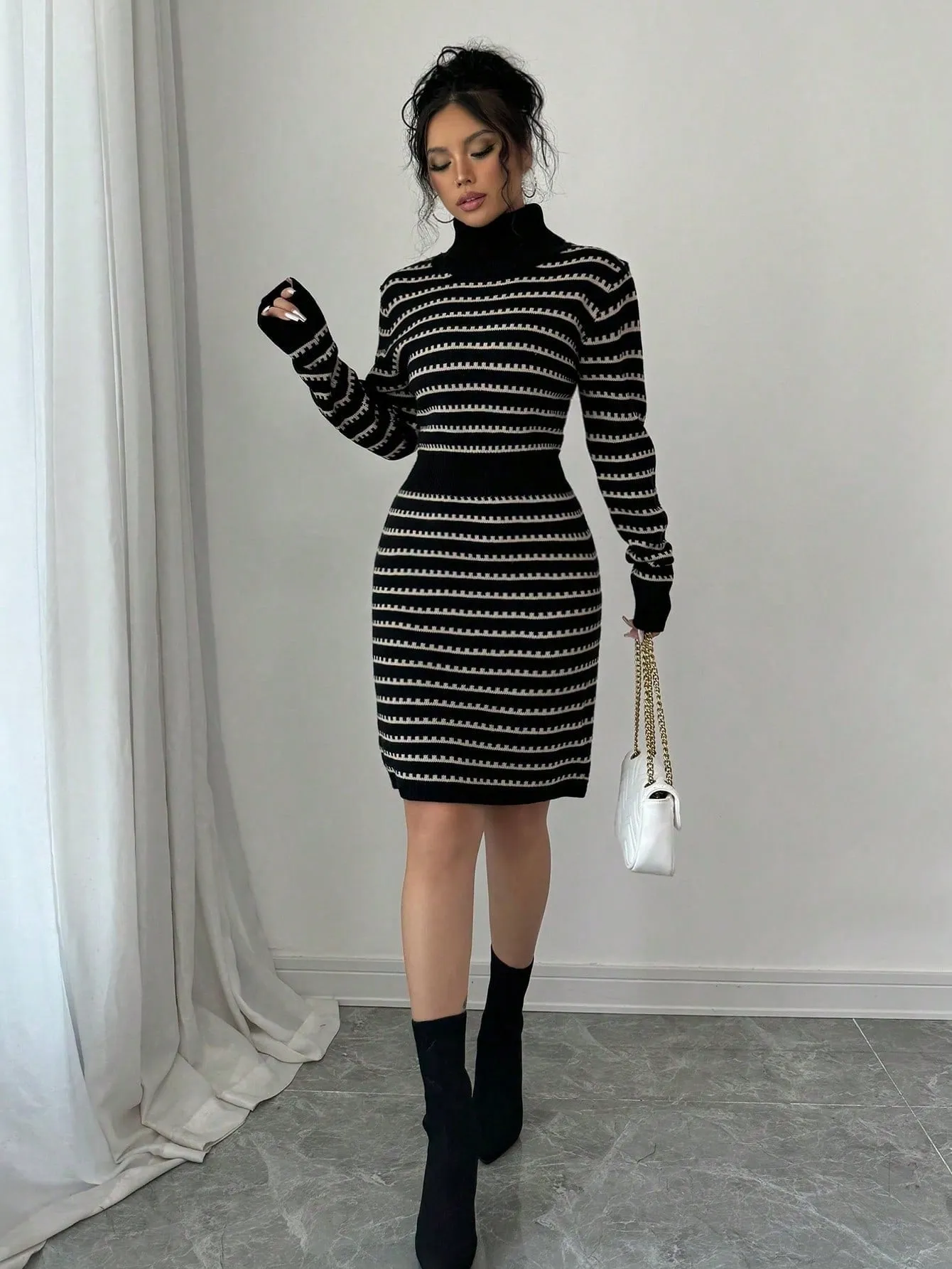 Elegant Contrast Color Waist Fitted Sweater Dress