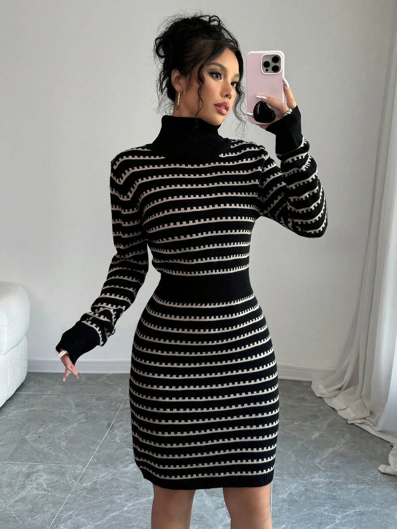 Elegant Contrast Color Waist Fitted Sweater Dress