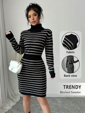 Elegant Contrast Color Waist Fitted Sweater Dress