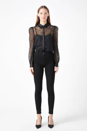 Embroidered Mesh See Through Blouse