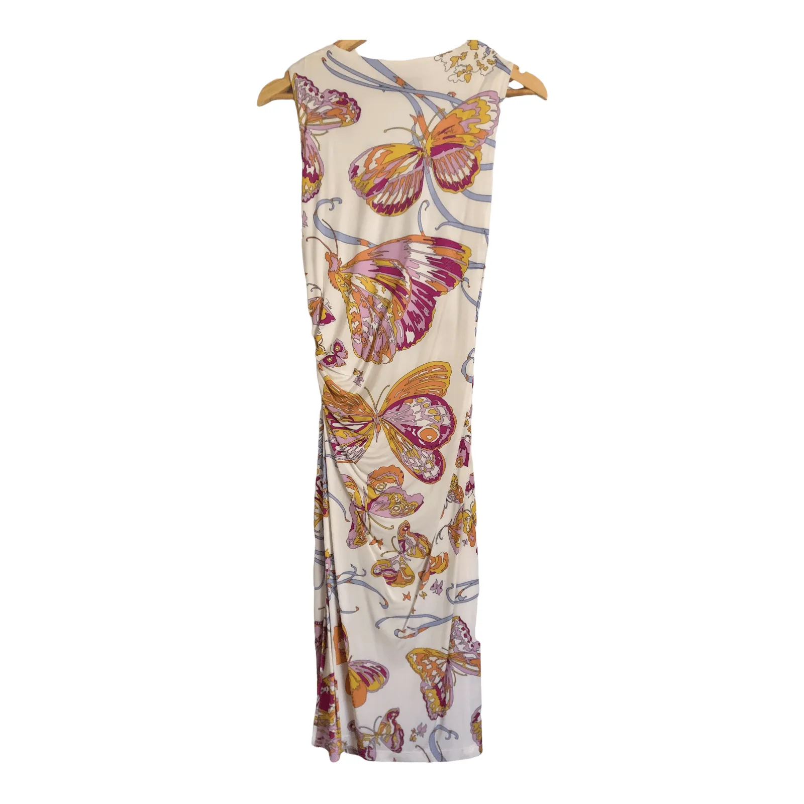 Emilio Pucci 100% Viscose Sleeveless Designer Midi Dress White Pink Multi Butterfly Print UK Size 12