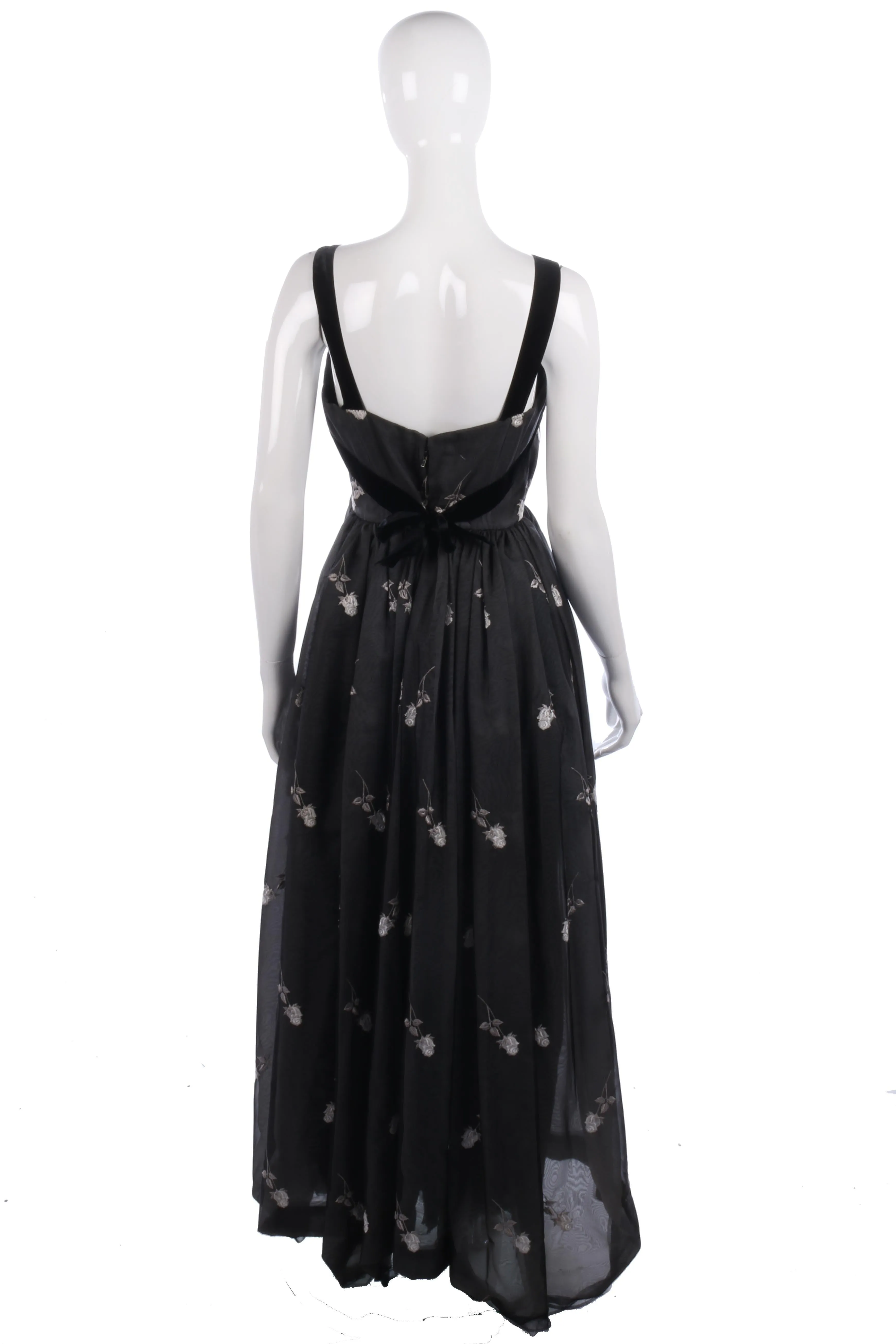 Fabulous vintage black ball gown with white floral embroidery