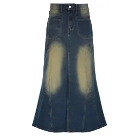 Fairycore Vintage Stitched Cargo Style Denim Skirt Female Street Stye Distressed A-Line Long Skirt Chic Aesthetic Y2K