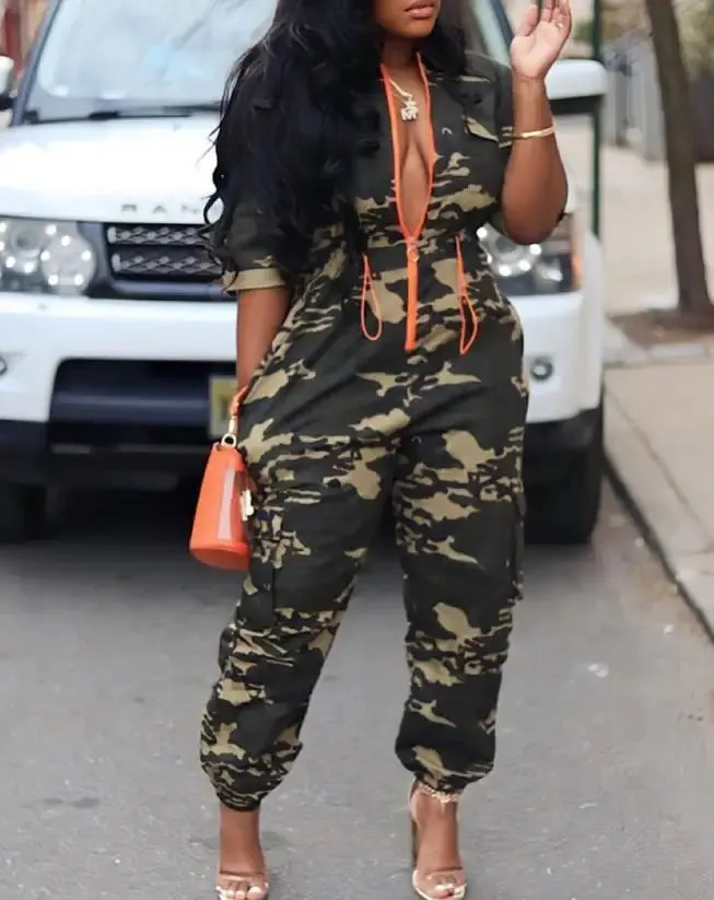 Fashion Jumpsuits for Woman 2024 Summer Camouflage Print Zipper Pocket Design Casual One Pieces Jumpsuit Streetwear Y2K Clothing