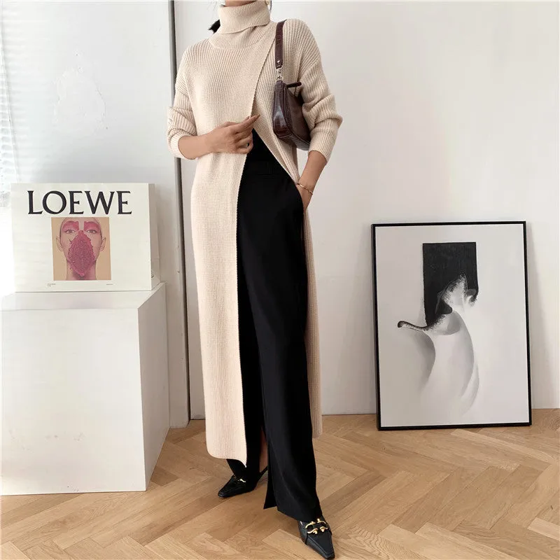 Fashionkova long sweater dress outfit  Goddess Style Long Knitted Turtleneck Sweater Long Skirt Pullover Bottoming Split Slim Fit