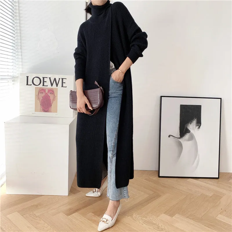 Fashionkova long sweater dress outfit  Goddess Style Long Knitted Turtleneck Sweater Long Skirt Pullover Bottoming Split Slim Fit