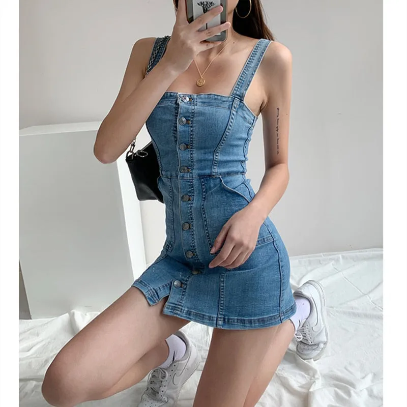 Fashionkova   Women Denim Dress Summer New Sexy Straps Skinny Short Skirt Blue Korean Fashion Classic Streetwear One Word Collar Jean Dress