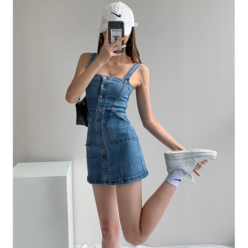 Fashionkova   Women Denim Dress Summer New Sexy Straps Skinny Short Skirt Blue Korean Fashion Classic Streetwear One Word Collar Jean Dress