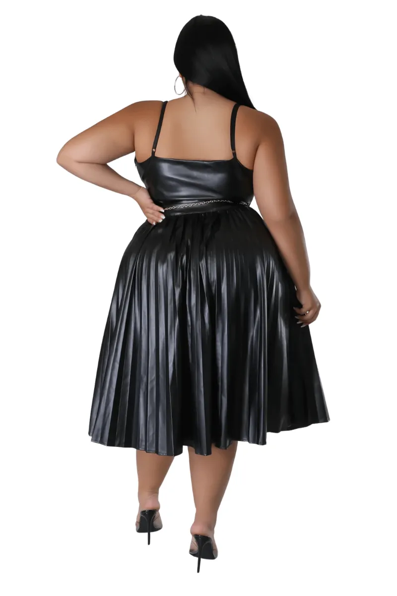 Final Sale Plus Size Faux Leather Faux Wrap Spaghetti Strap Pleated Dress in Black