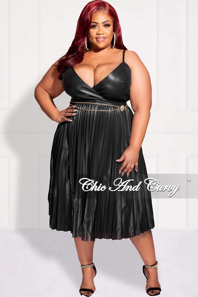 Final Sale Plus Size Faux Leather Faux Wrap Spaghetti Strap Pleated Dress in Black