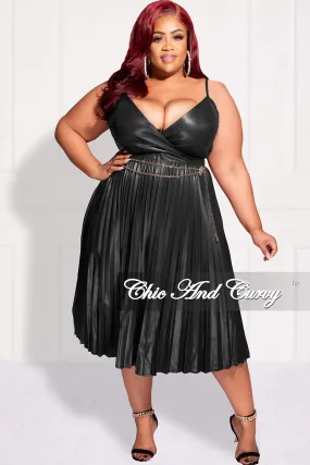 Final Sale Plus Size Faux Leather Faux Wrap Spaghetti Strap Pleated Dress in Black