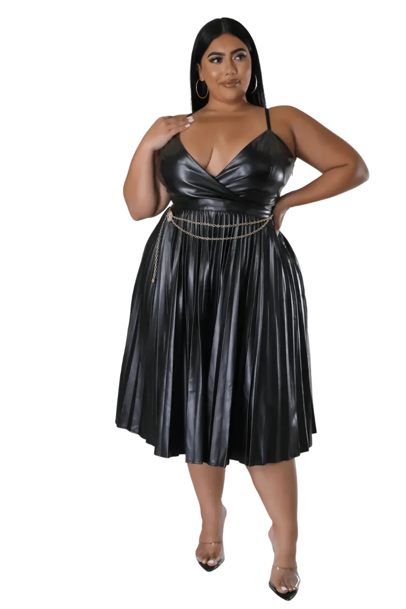 Final Sale Plus Size Faux Leather Faux Wrap Spaghetti Strap Pleated Dress in Black