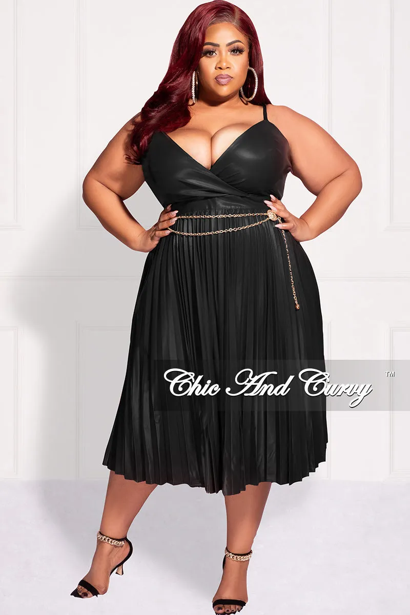 Final Sale Plus Size Faux Leather Faux Wrap Spaghetti Strap Pleated Dress in Black