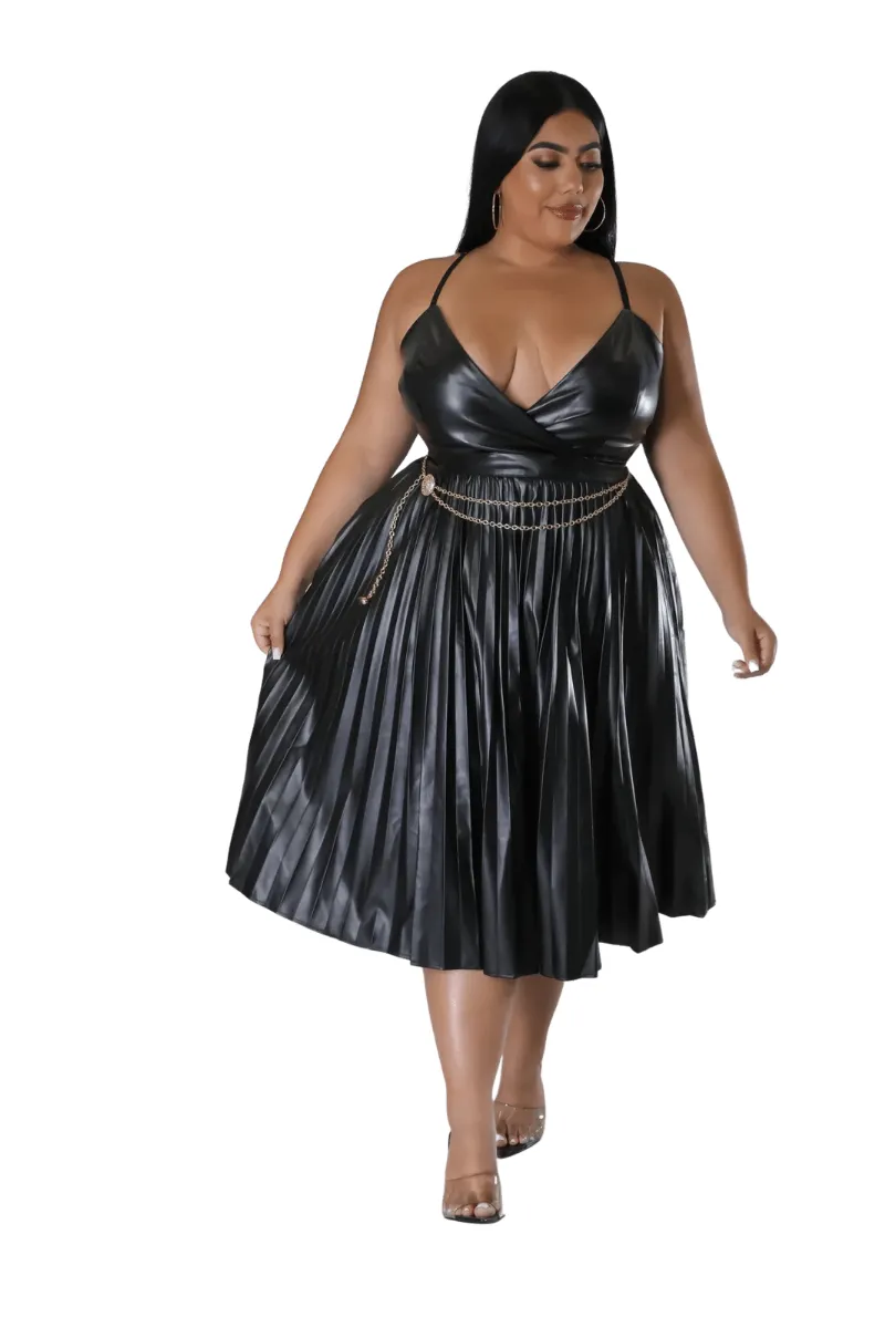 Final Sale Plus Size Faux Leather Faux Wrap Spaghetti Strap Pleated Dress in Black