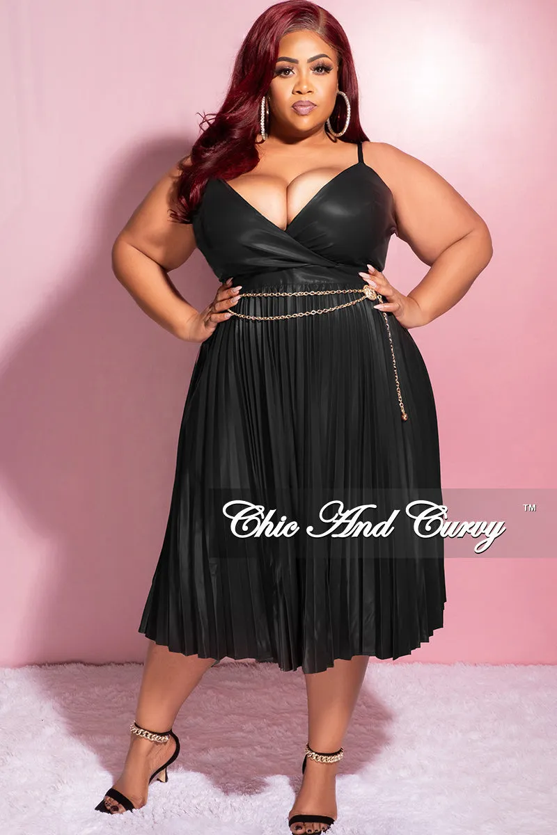 Final Sale Plus Size Faux Leather Faux Wrap Spaghetti Strap Pleated Dress in Black