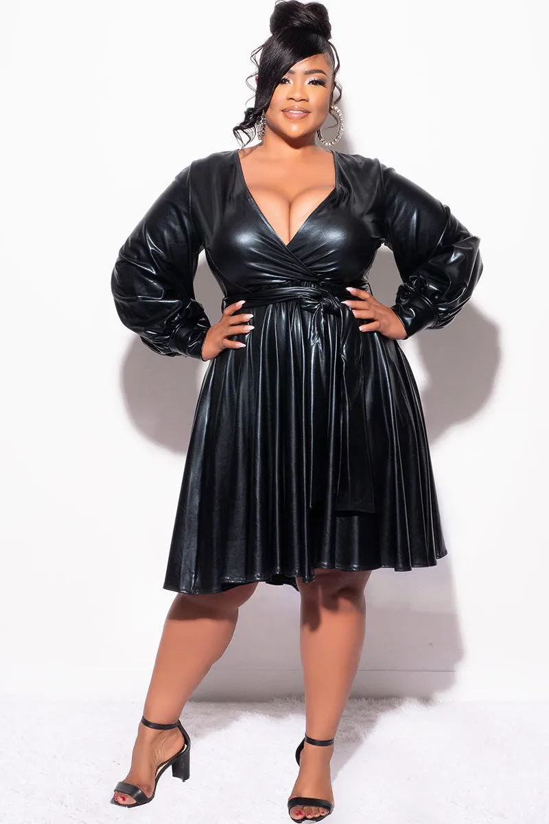 Final Sale Plus Size Long Sleeve Faux Wrap Skater Dress in Vegan Liquid Black