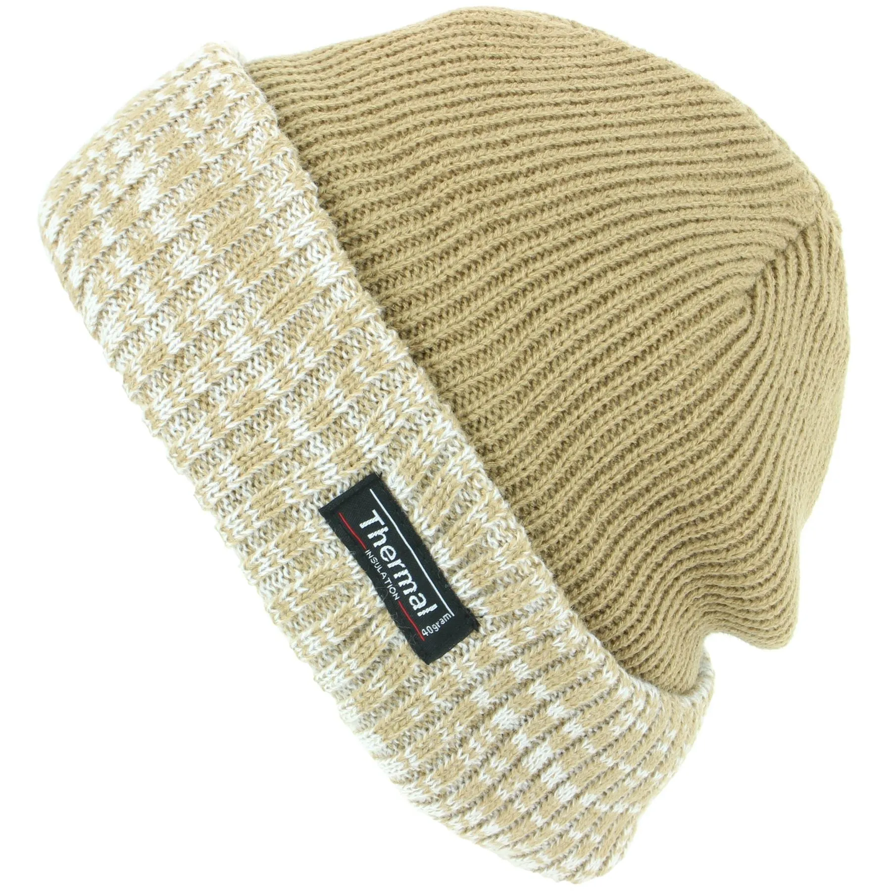 Fine Knit Beanie Hat with Thermal Lining and Marl Turn-up - Light Brown