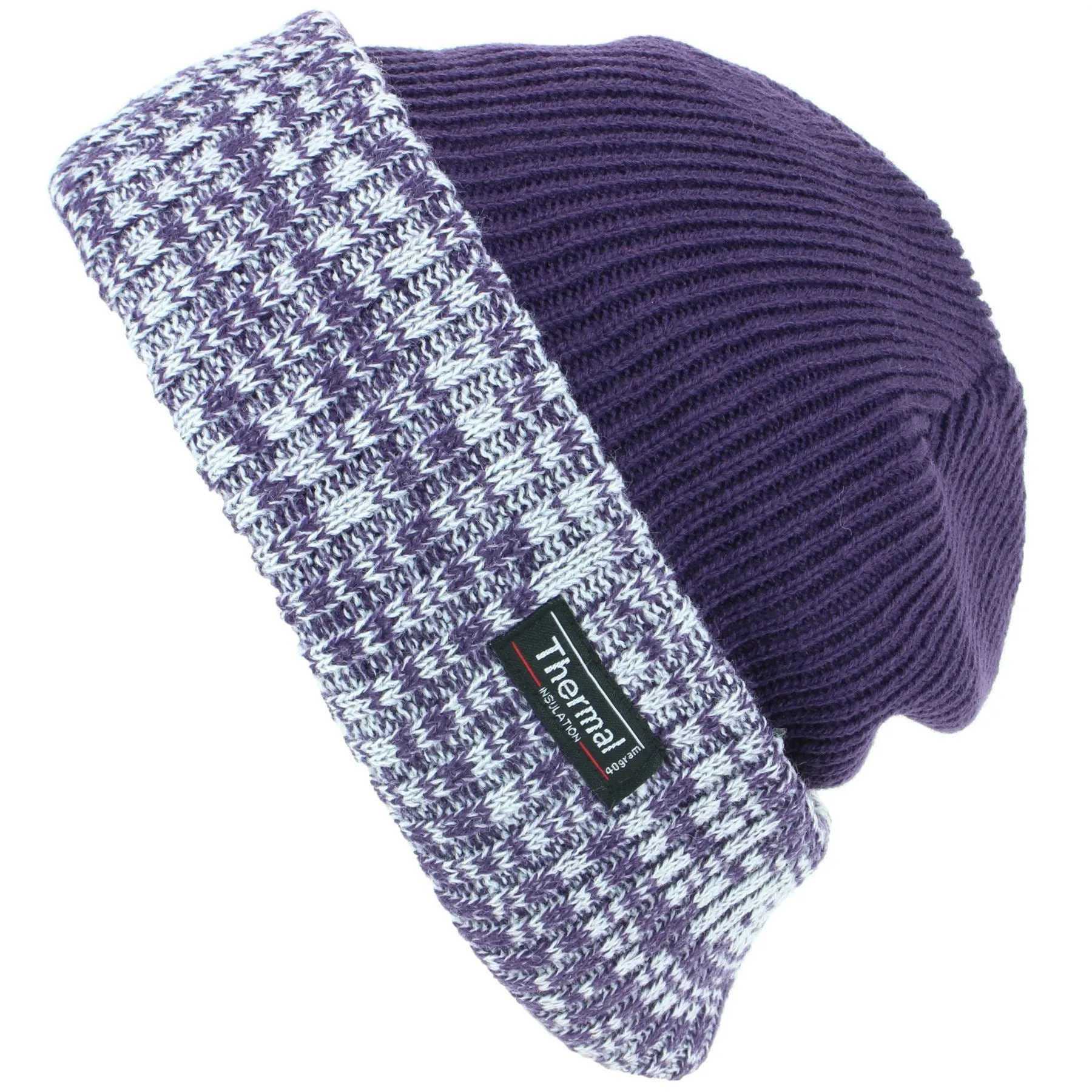 Fine Knit Beanie Hat with Thermal Lining and Marl Turn-up - Purple