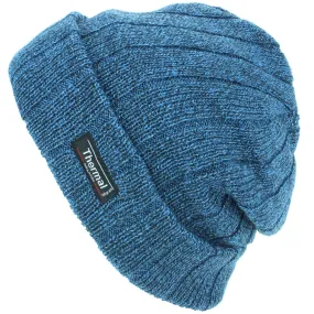 Fine Knit Marl Beanie Hat with Thermal Lining - Blue