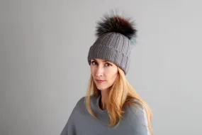 Fold-Over Grey Cashmere Hat with Pine Mist Pom-Pom