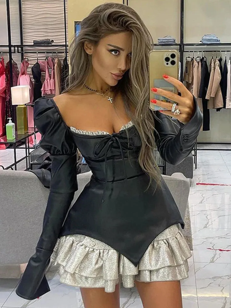 Girlary Clothes Sexy Club Patchwork Lace Up PU Leather Mini Pleated Dress Women Black Wrap A-Line Dress Clubwear Autumn