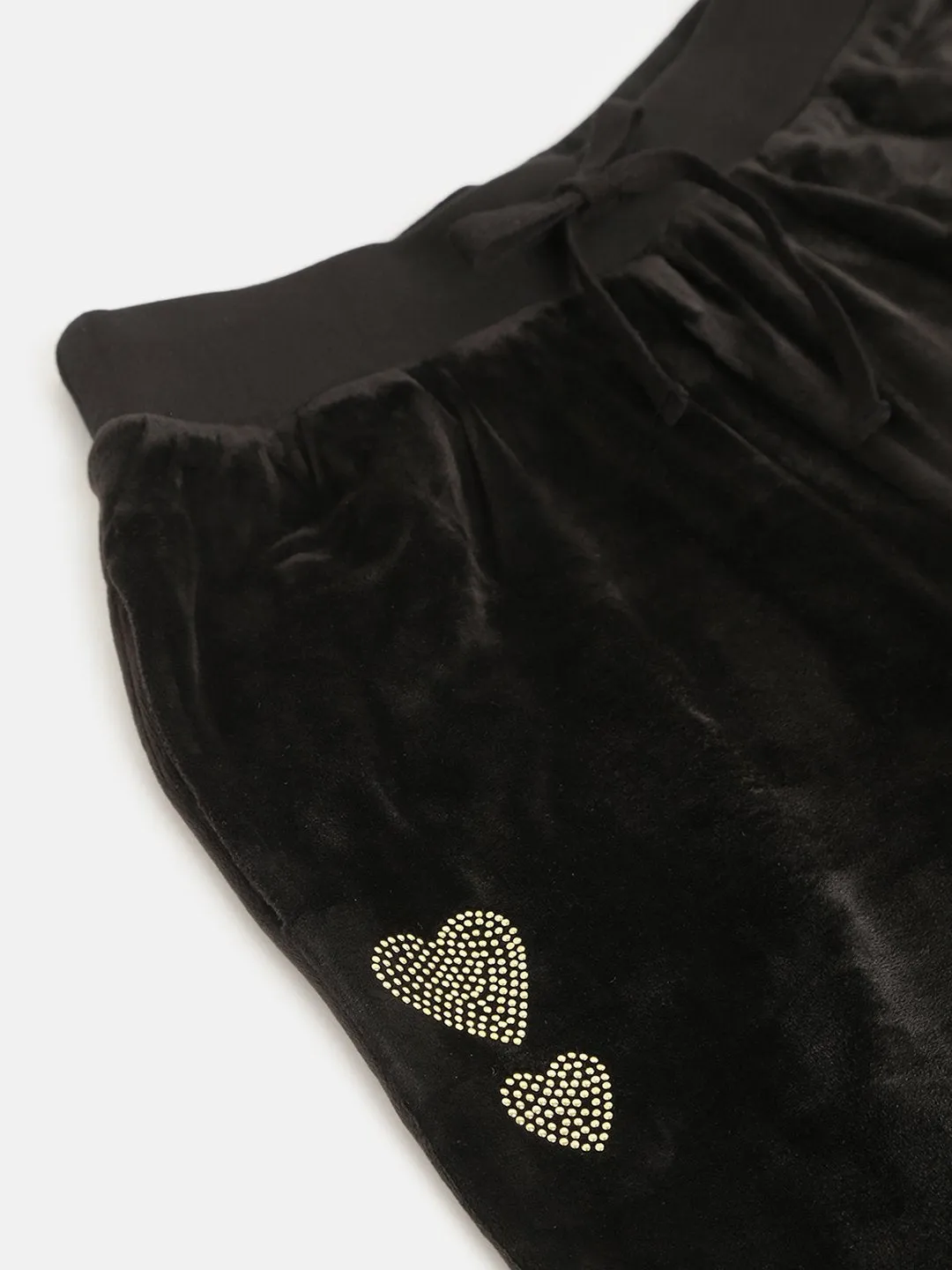 Girls Black Velour Studded Heart Detail Joggers