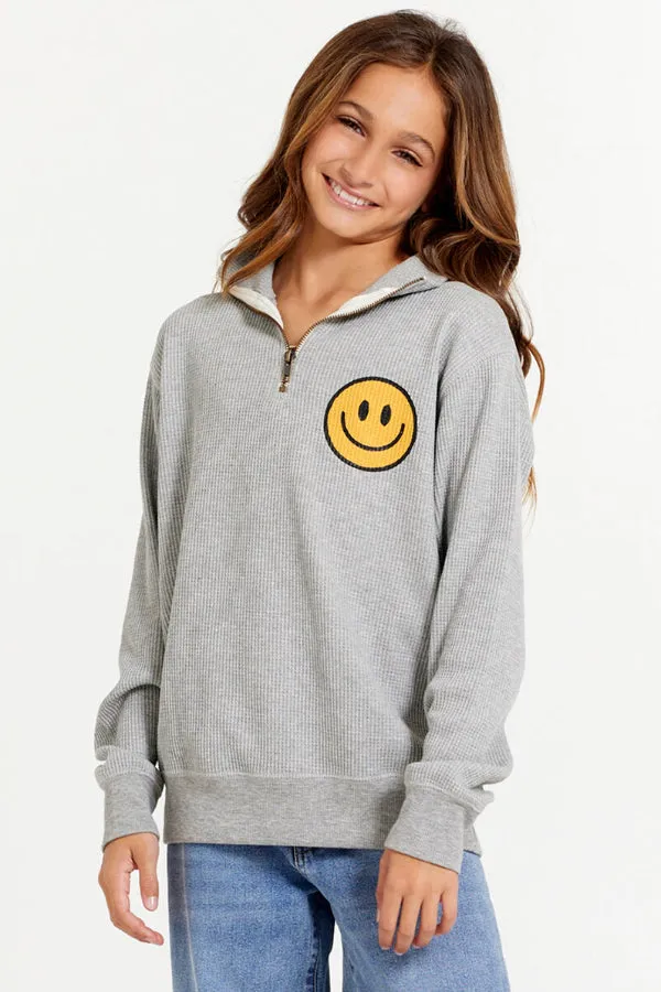 Girls Thermal 1/4 Zip Top with Smiley Sweatshirt