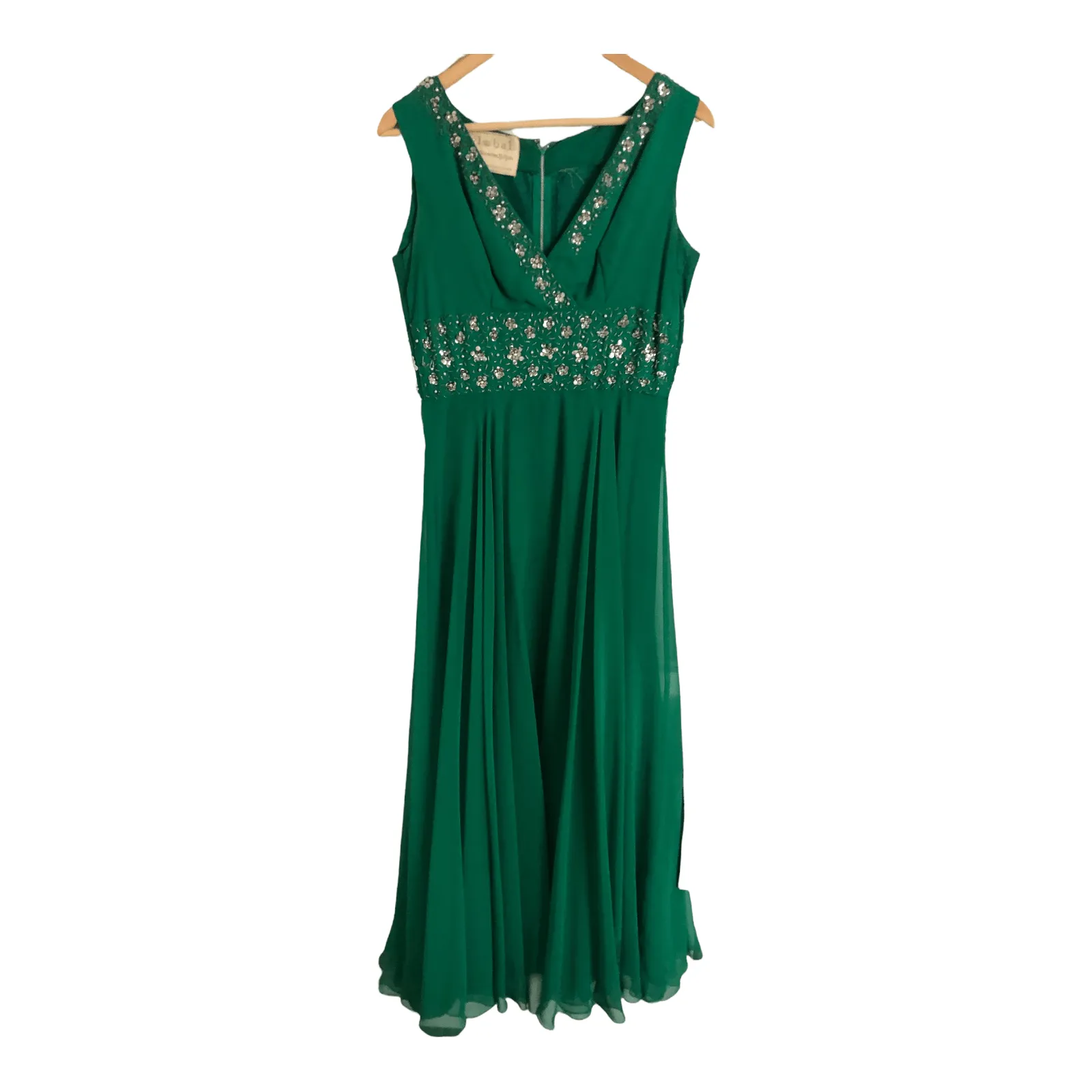 Global Vintage 100% Silk Sleeveless Beaded Maxi Cocktail Dress Emerald Green UK Size 10