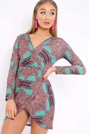 Green Paisley Print Slinky Wrap Dress - Denise