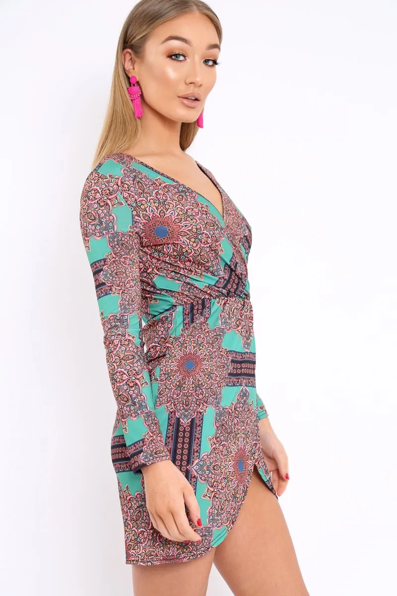 Green Paisley Print Slinky Wrap Dress - Denise