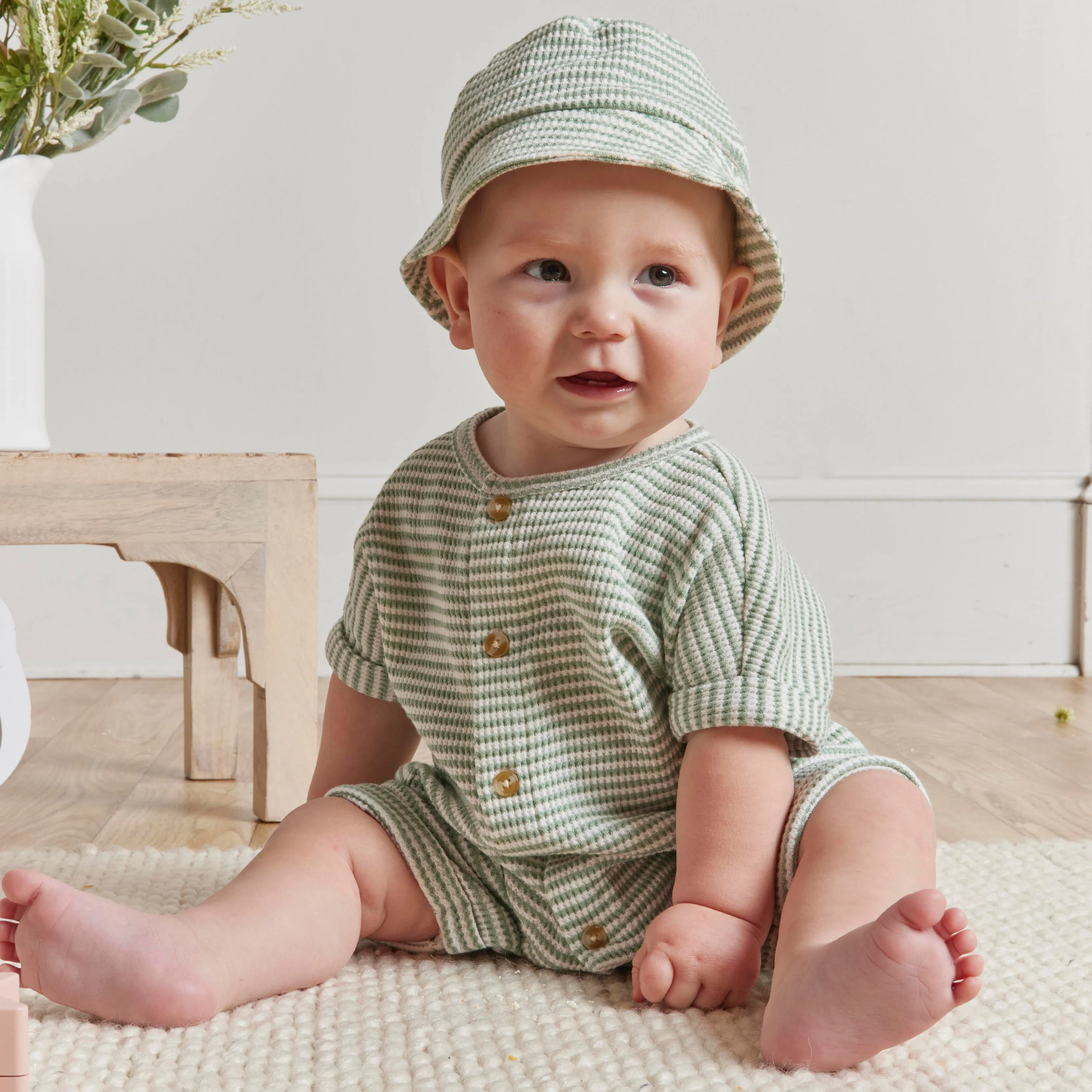 Green Stripe Waffle Romper & Hat