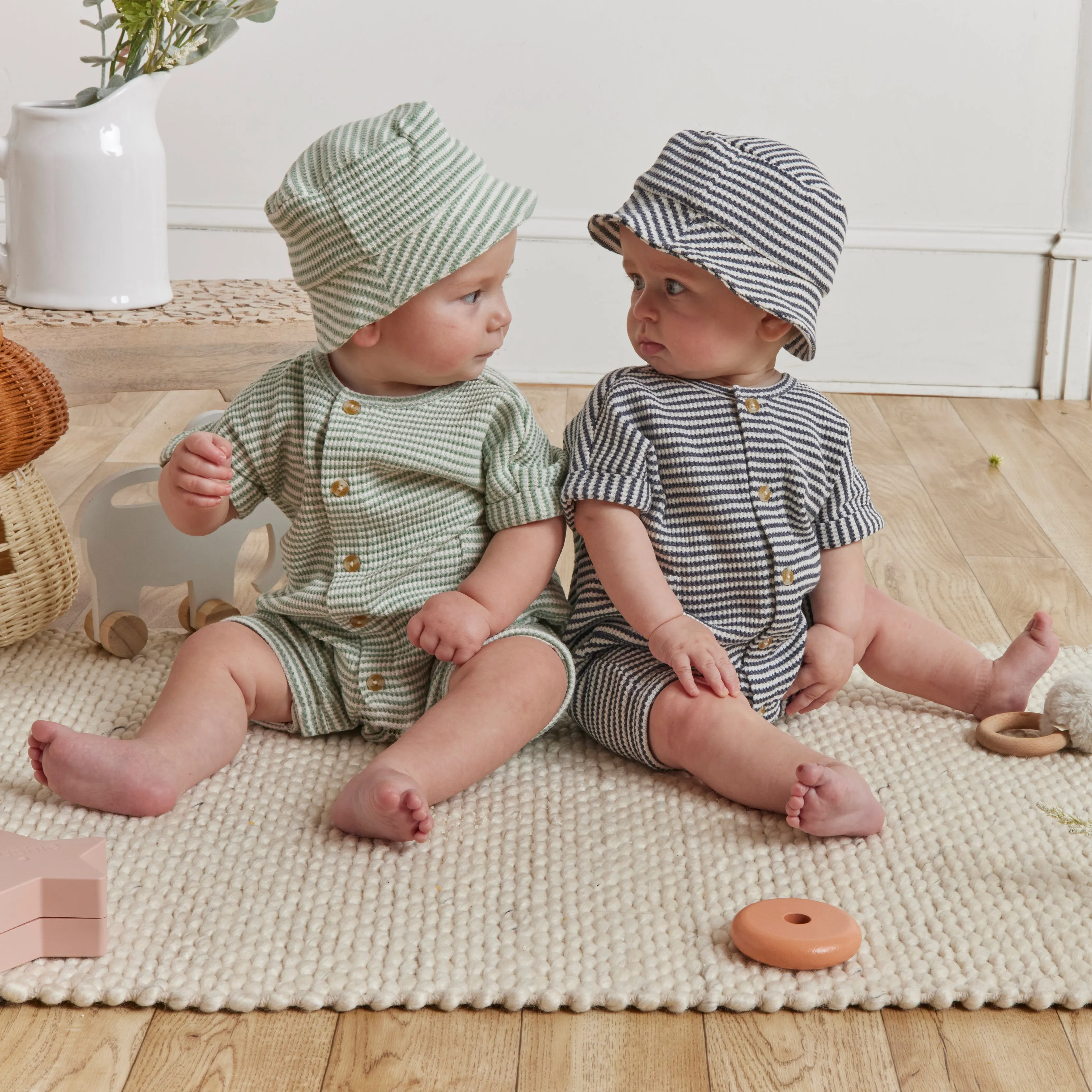 Green Stripe Waffle Romper & Hat