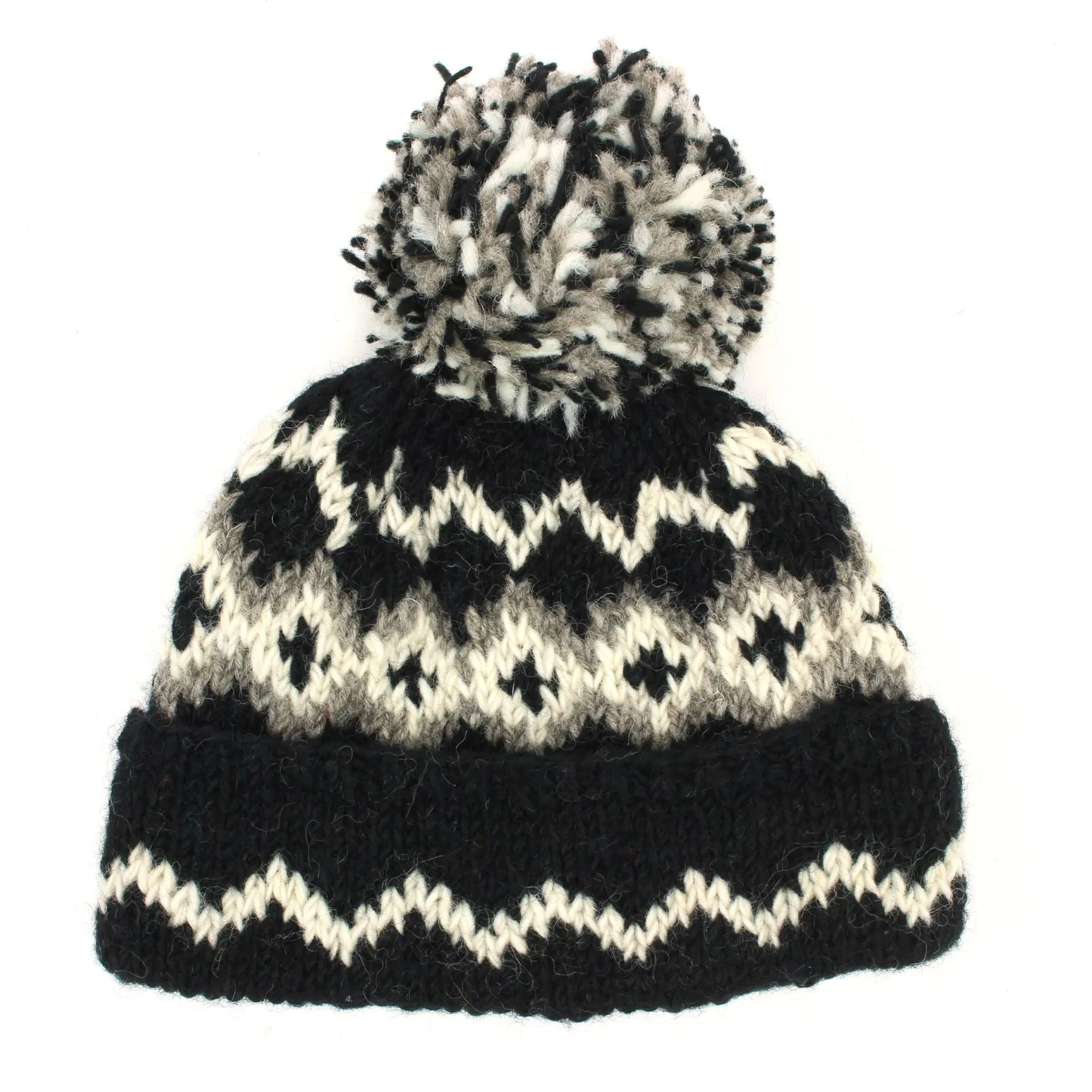 Hand Knitted Wool Beanie Bobble Hat - Fairisle Black