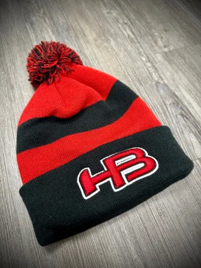 HB Sports Striped Color Winter Pom-Pom Beanie Hat: Black, Red, and Black