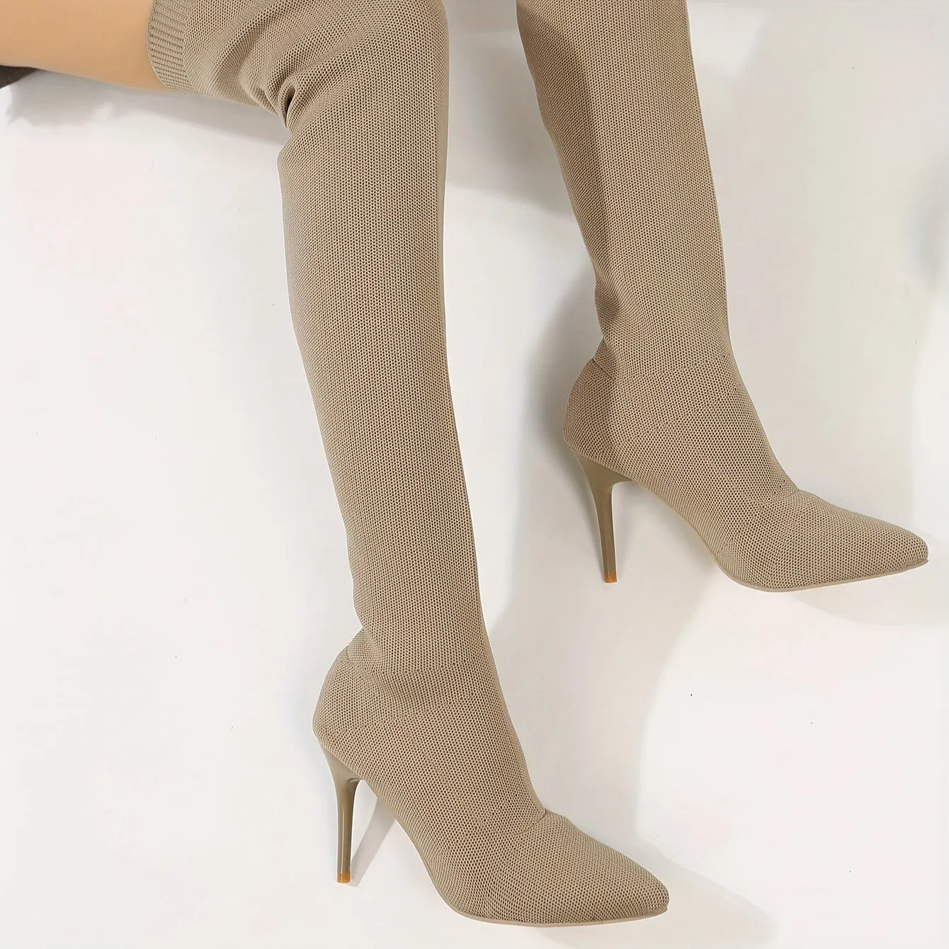 High Heel Stiletto Thigh High Boots - Soft Fabric Upper, Slip-On Design, Pointed Toe, Comfortable Faux Leather Insole, TPR Sole, Solid Color - Perfect for Winter and Party Occasions