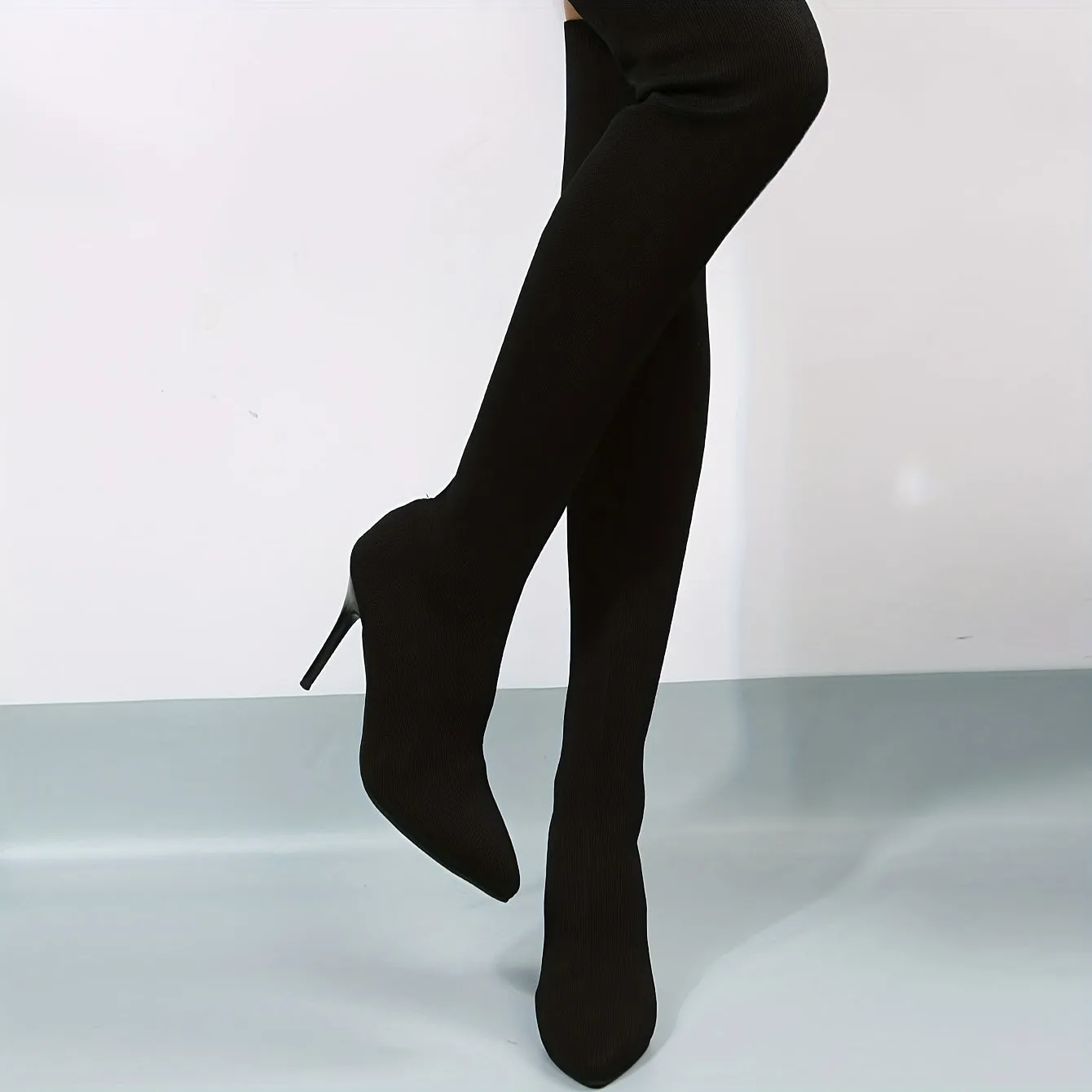 High Heel Stiletto Thigh High Boots - Soft Fabric Upper, Slip-On Design, Pointed Toe, Comfortable Faux Leather Insole, TPR Sole, Solid Color - Perfect for Winter and Party Occasions