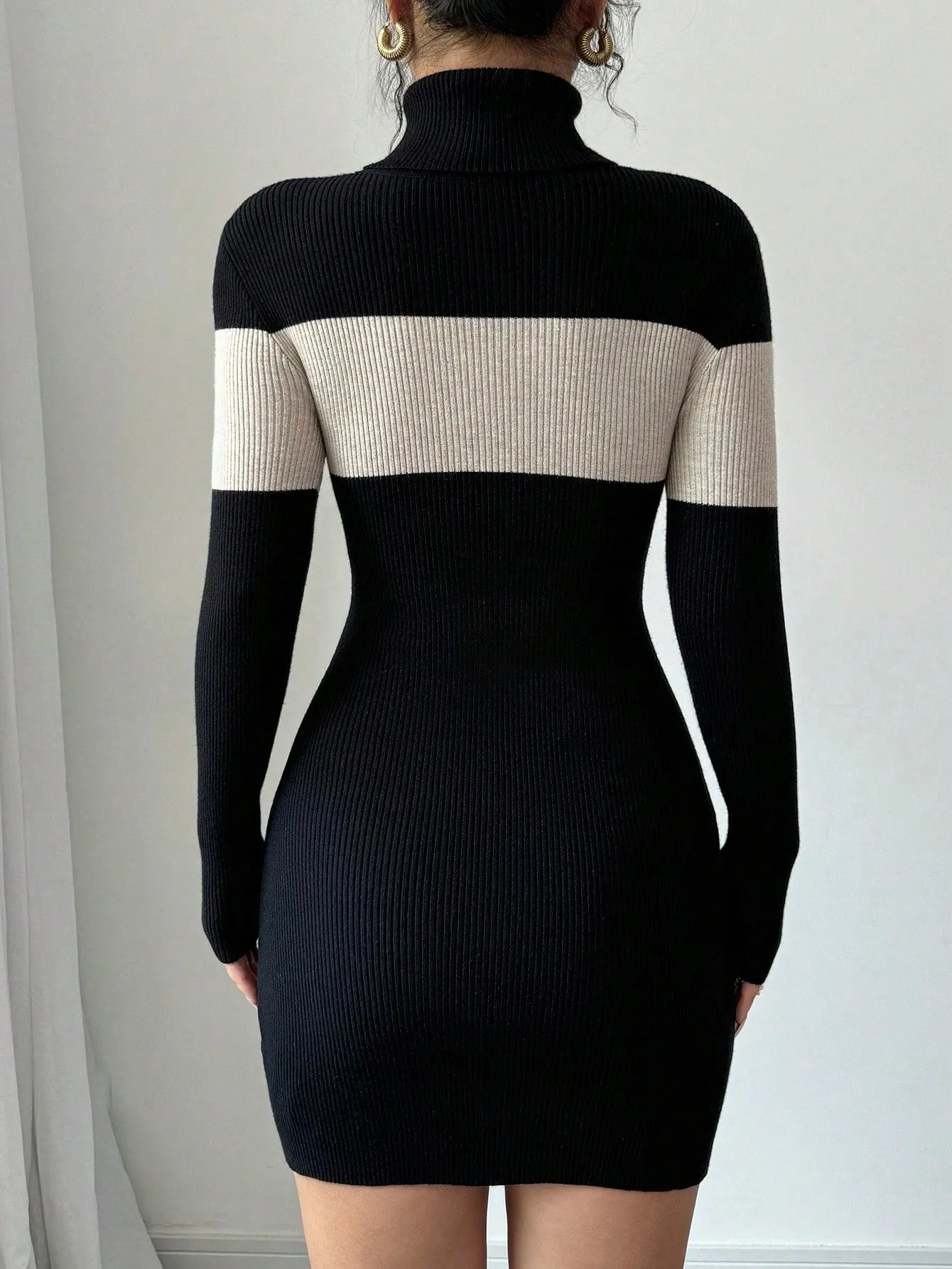 High Neck Color Block Fitted Sweater Dress