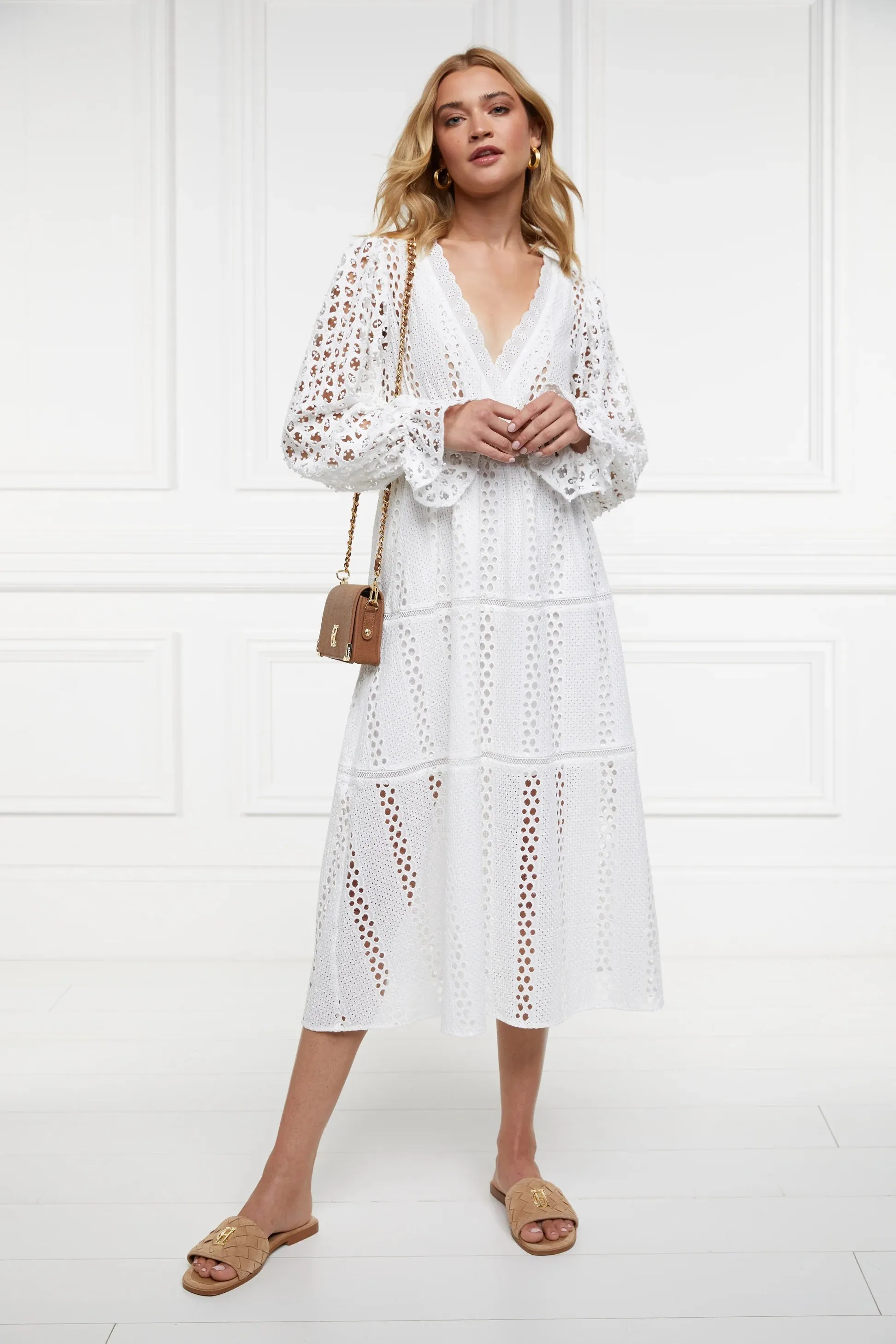 Holland Cooper Broderie Lace V Neck Midi Dress in White