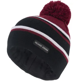 Island Green Knitted Bobble Hat With Inner Band And Pompom - Black/Deep Red