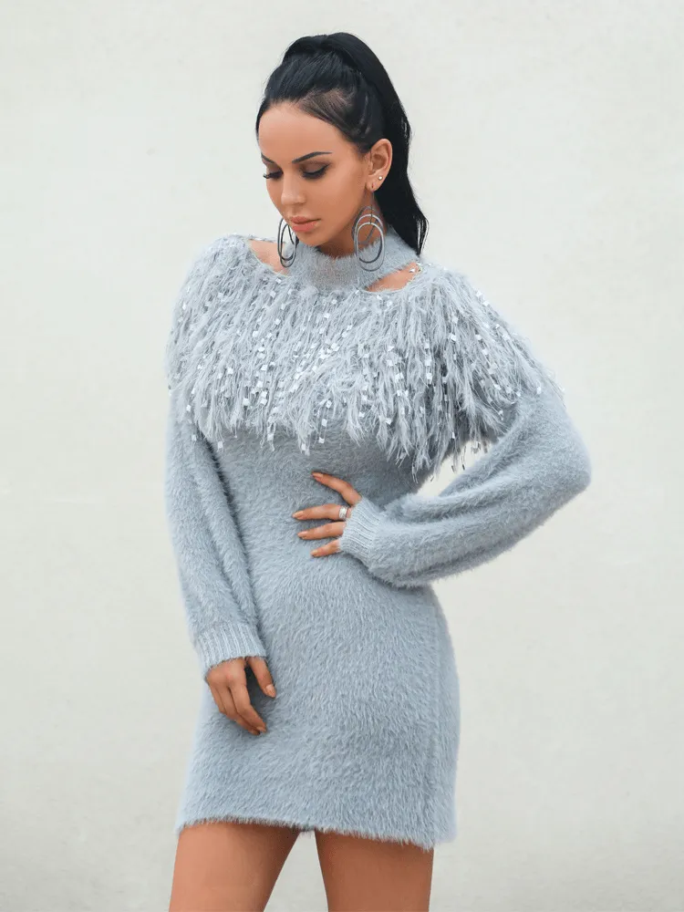 Jamlia Tassel Long Sleeve Velvet Sweater Dress